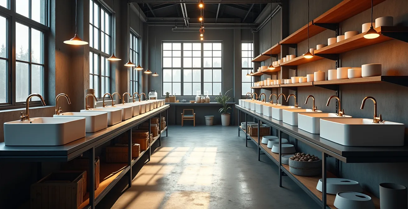 Vue d'ensemble d'un atelier de production avec équipements modernes et ambiance industrielle