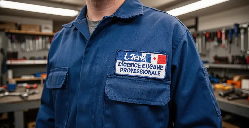Badge professionnel licence RBQ visible sur uniforme de travail plombier