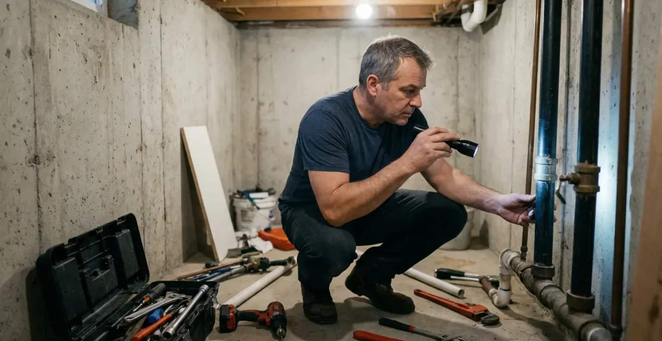 Plombier certifié inspectant tuyauterie dans sous-sol résidentiel québécois