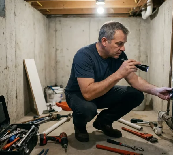 Plombier certifié inspectant tuyauterie dans sous-sol résidentiel québécois