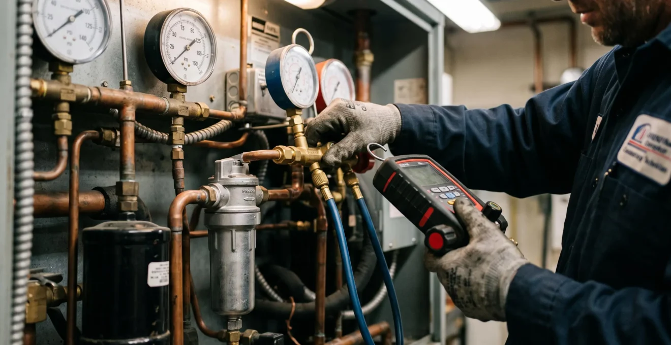 Gros plan sur les mains d'un technicien HVAC effectuant la maintenance préventive d'un équipement de chauffage commercial, vérifiant un manomètre de pression