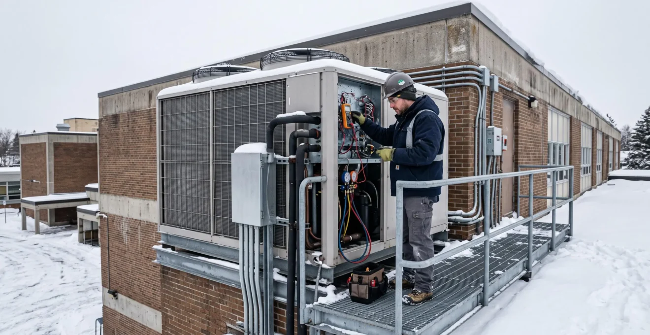 Technicien HVAC inspectant une thermopompe commerciale installée sur le mur extérieur d'un bâtiment institutionnel en hiver, avec neige au sol