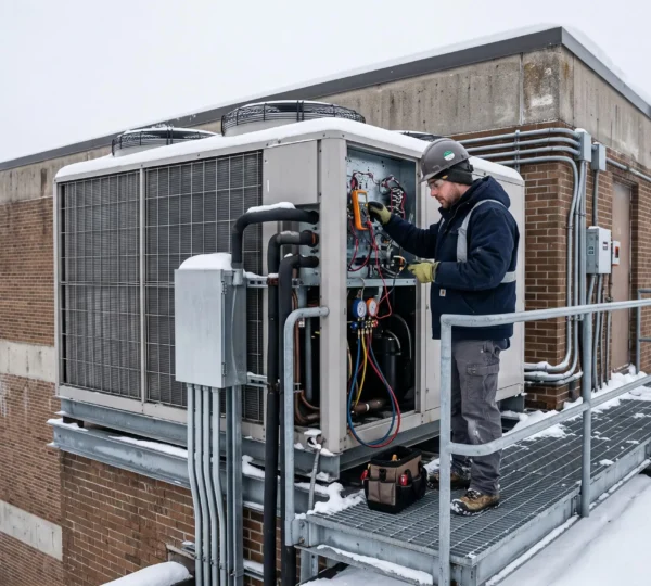 Technicien HVAC inspectant une thermopompe commerciale installée sur le mur extérieur d'un bâtiment institutionnel en hiver, avec neige au sol